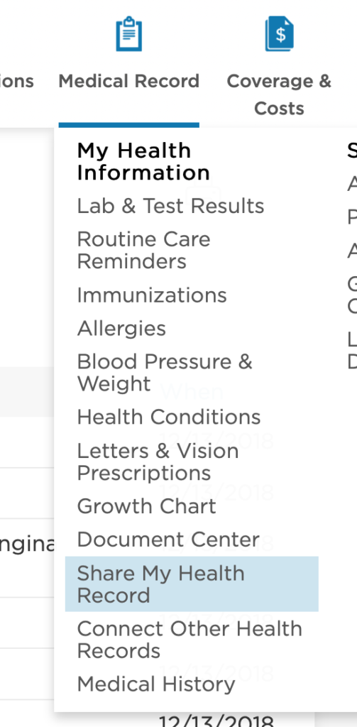 Share Health Data Menu